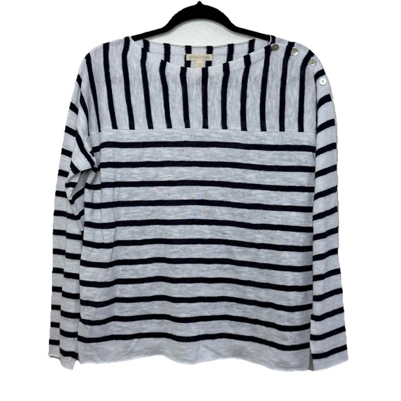 Eileen Fisher Linen Cotton Top Xs White Navy Stripe Boatneck Button Shoulder - Picture 2 of 12